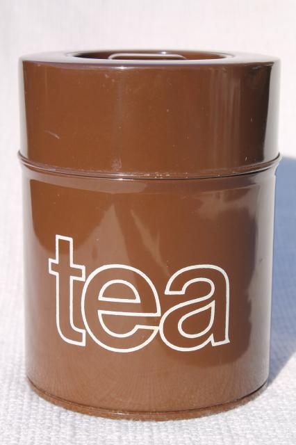 60s 70s vintage metal tea tin canister, retro mod graphic art typography