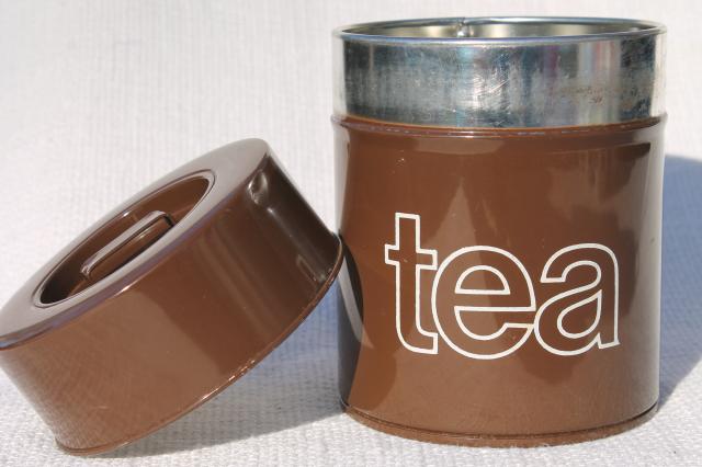 60s 70s vintage metal tea tin canister, retro mod graphic art typography