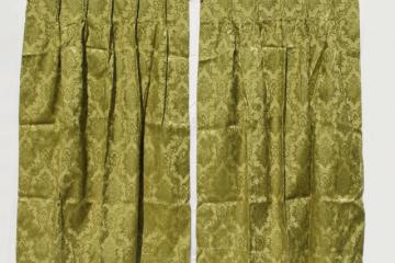 60s 70s vintage olive green brocade drapes, vinyl backed fabric drapery panels set