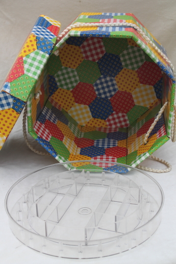 60s 70s vintage sewing box, retro hexies patchwork print hat box w/ notions tray