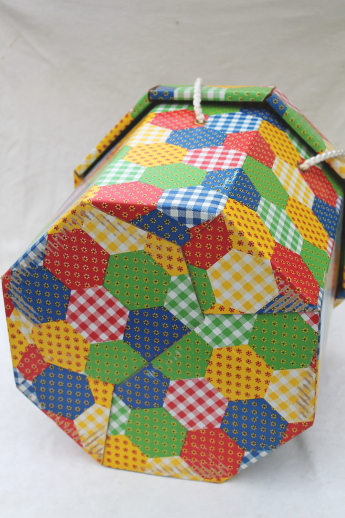 60s 70s vintage sewing box, retro hexies patchwork print hat box w/ notions tray