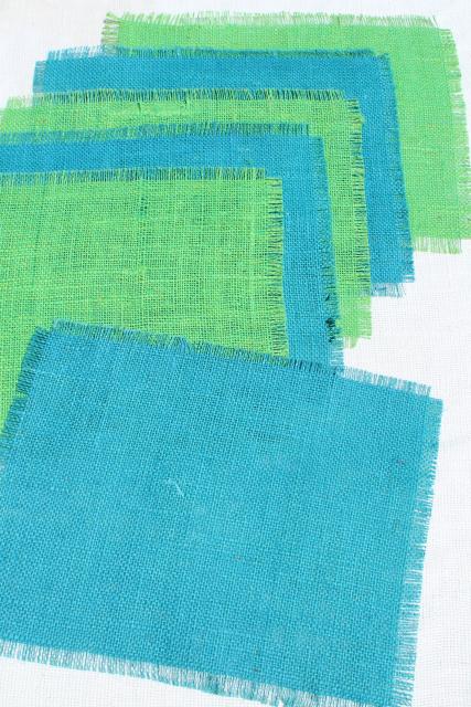 60s 70s vintage table placemats, retro colors, natural burlap / hemp grass cloth textured fabric
