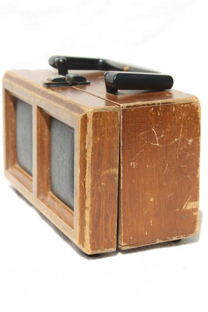60s 70s vintage wood box bag purse, cigar box style handbag or storage case w/ handle