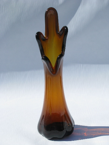 60s art glass, mod hand blown free form vase, deep amber, root beer brown