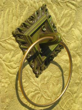 60s avocado green and gold towel holder ring, retro vintage Syroco