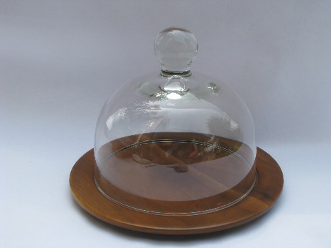60s danish modern vintage walnut cheese plate server w/ glass dome