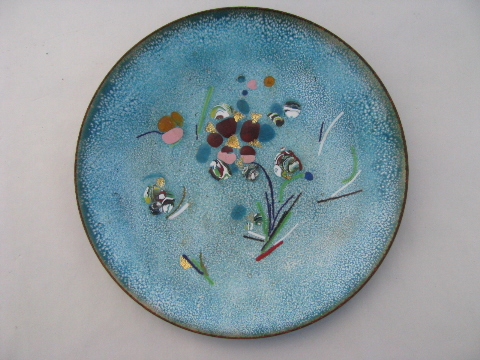 60s mod abstract art enamel on copper dish, vintage Annemarie Davidson