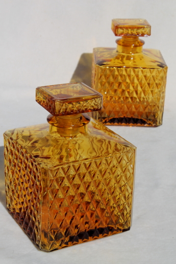 60s mod square amber glass decanter bottles for vintage travel bar drinks set