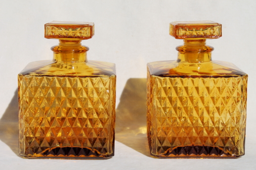 60s mod square amber glass decanter bottles for vintage travel bar drinks set