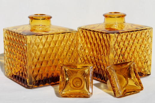 60s mod square amber glass decanter bottles for vintage travel bar drinks set