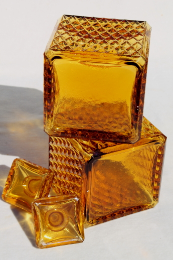 60s mod square amber glass decanter bottles for vintage travel bar drinks set