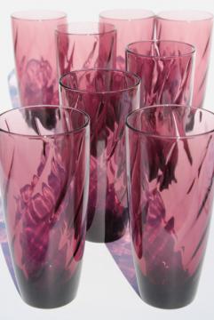 60s mod tall cooler glasses, purple swirl glass tumblers, vintage Hazel Atlas Moroccan amethyst