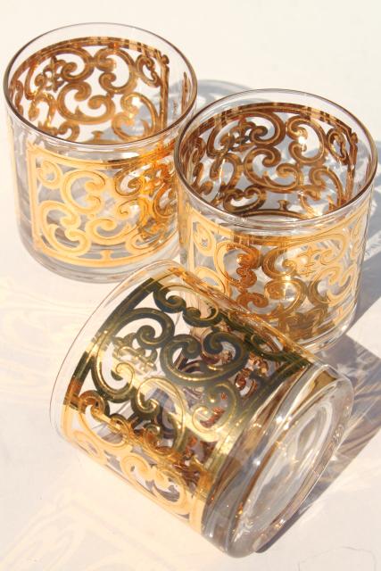 60s mod vintage Briard Spanish Gold scrolls old fashioned glasses, lowball tumblers