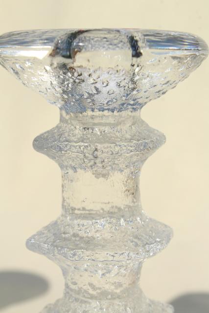 60s mod vintage Festivo Iittala ice textured glass candlesticks, stacked rings shape