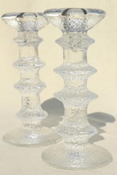 60s mod vintage Festivo Iittala ice textured glass candlesticks, stacked rings shape
