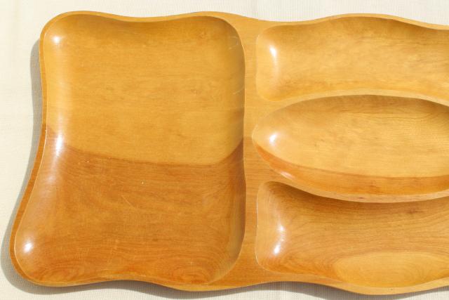60s mod vintage blond wood serving tray, huge divided bowl for cocktail party snacks