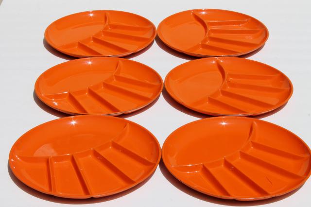 60s mod vintage fondue plates, retro orange lacquer dishes, Japanese lacquerware