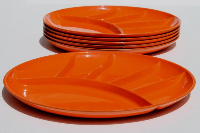 60s mod vintage fondue plates, retro orange lacquer dishes, Japanese lacquerware