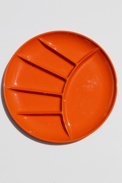 60s mod vintage fondue plates, retro orange lacquer dishes, Japanese lacquerware