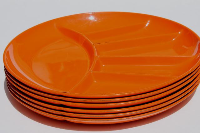 60s mod vintage fondue plates, retro orange lacquer dishes, Japanese lacquerware