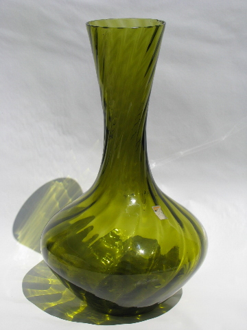 60s olive green color, tall hand-blown art glass vase, vintage Italy?