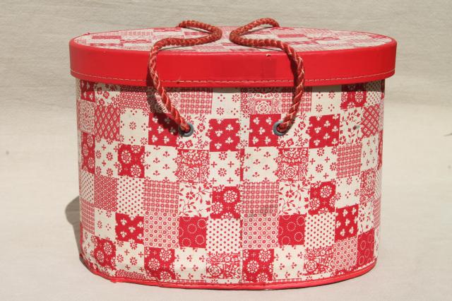 60s or 70s vintage red & white patchwork print oval hat box sewing basket 
