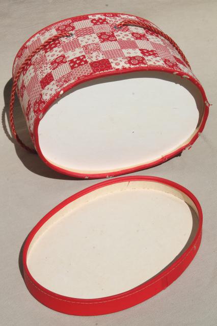 60s or 70s vintage red & white patchwork print oval hat box sewing basket 