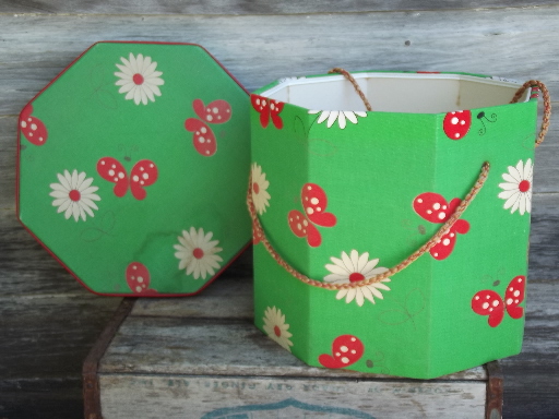 60s preppy vintage daisies & butterflies print hat or wig box, sewing box