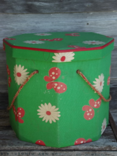 60s preppy vintage daisies & butterflies print hat or wig box, sewing box
