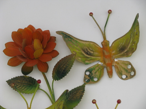 60s retro metal art wall plaques, orange flowers and bright butterflies