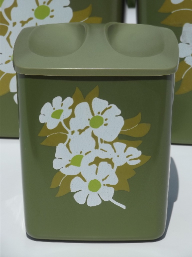 60s retro plastic canisters, white flowers on avocado green canister set
