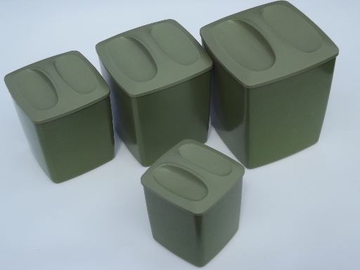 60s retro plastic canisters, white flowers on avocado green canister set