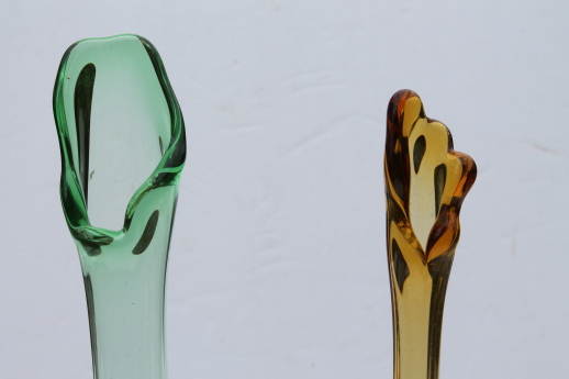 60s retro tall glass vases - amber art glass vase w/ Viking label & Georgian green vase