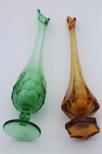 60s retro tall glass vases - amber art glass vase w/ Viking label & Georgian green vase