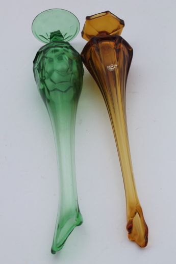 60s retro tall glass vases - amber art glass vase w/ Viking label & Georgian green vase