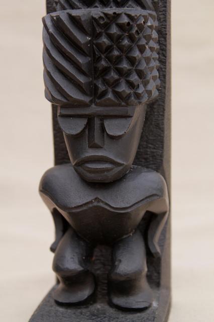 60s vintage Hawaiian black lava tiki totem statues, Coco Joe Hawaii