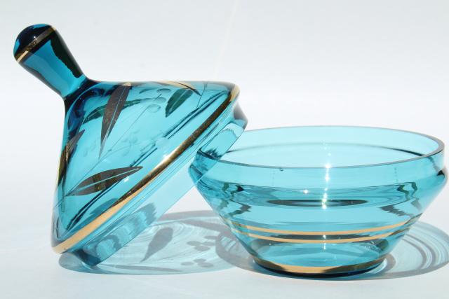 60s vintage Italian art glass, Empoli glass apothecary jar candy dish blue w/ gold