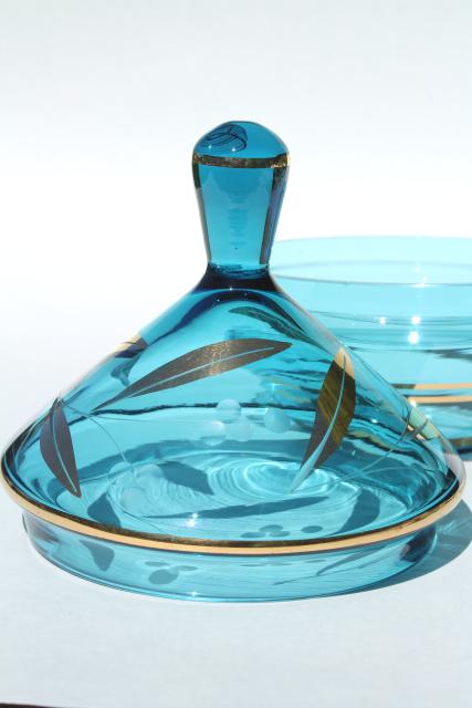 60s vintage Italian art glass, Empoli glass apothecary jar candy dish blue w/ gold
