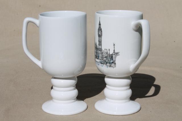 60s vintage Kaysons - Japan ceramic mugs, tall footed coffee cups w/ world travel landmarks