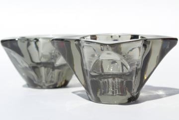 60s vintage Viking glass candle holders, mod smoke grey starburst candlesticks