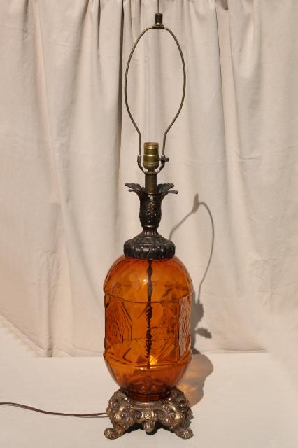 60s vintage amber glass lamp, hippie gypsy style huge retro table lamp