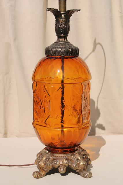 60s vintage amber glass lamp, hippie gypsy style huge retro table lamp