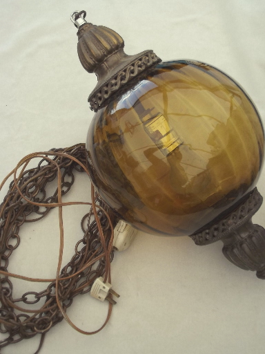 60s vintage amber glass swag lamp, retro round globe hanging light