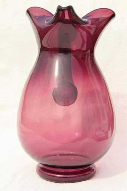 60s vintage amethyst purple glass pitcher, mod pinch shape hand blown glass