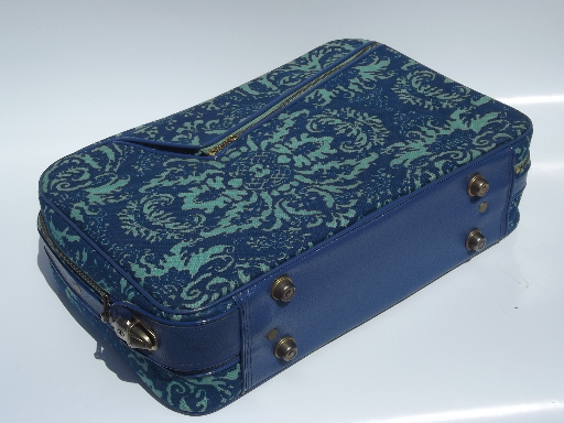 60s vintage aqua blue  print suitcase, overnight  weekender laptop bag