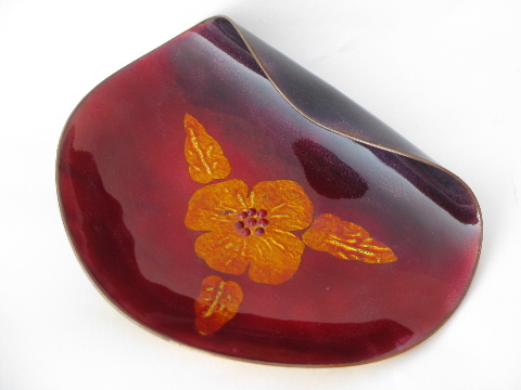 60s vintage art enamel on copper, free form dish w/ mod flower design