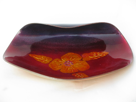 60s vintage art enamel on copper, free form dish w/ mod flower design