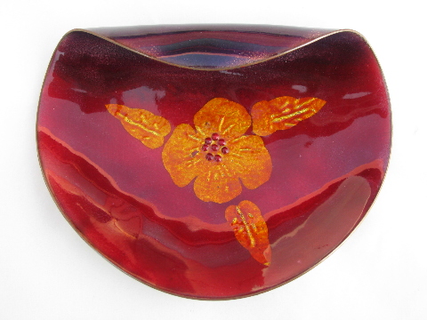 60s vintage art enamel on copper, free form dish w/ mod flower design