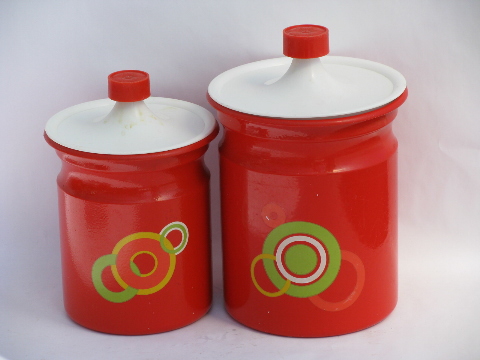 60s vintage canister set, kitchen canisters w/ big mod circles