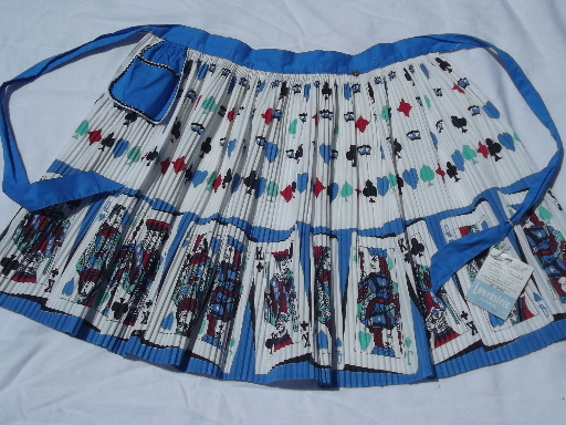60s vintage card party print hostess apron, accordian pleated cotton fabric